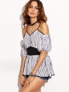Romwe White Vertical Striped Cold Shoulder Peplum Top