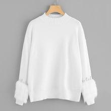 Romwe Faux Fur Cuff Rhinestone Embellished Sweater