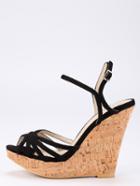 Romwe Faux Suede Strappy Wedges - Black