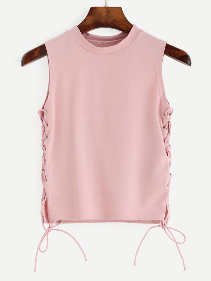 Romwe Pink Lace Up Side Top