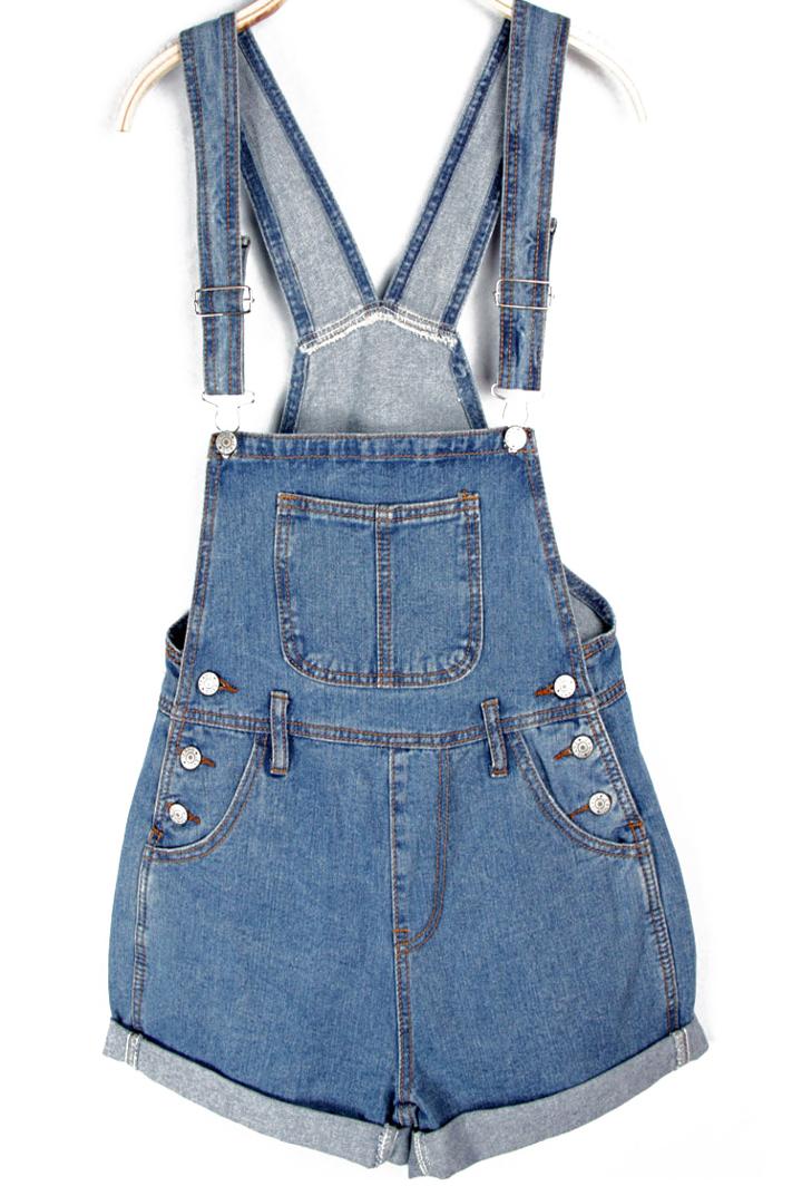 Romwe Rolled Cuffs Blue Denim Suspender Shorts