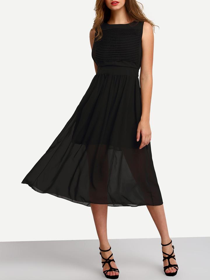 Romwe Black Ruched Chiffon Dress With Belt
