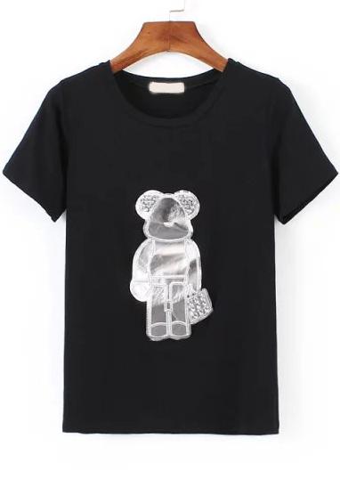 Romwe With Diamond Cub Pattern Black T-shirt