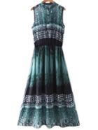 Romwe Green Buttons Front Elastic Waist Vintage Print Maxi Dress