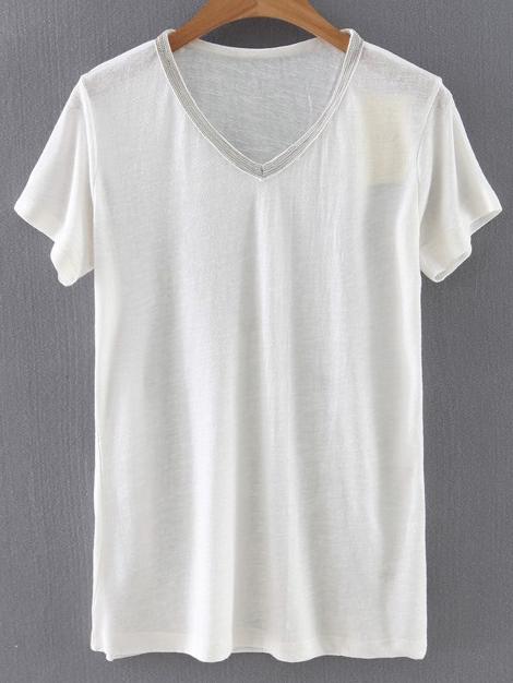 Romwe White V Neck Beaded Trim T-shirt