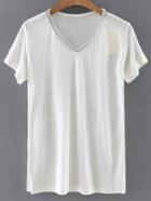 Romwe White V Neck Beaded Trim T-shirt