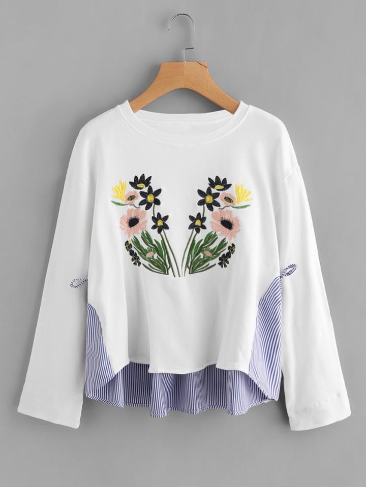 Romwe Flower Embroidered Mixed Media Sweatshirt