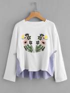 Romwe Flower Embroidered Mixed Media Sweatshirt