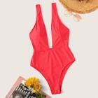 Romwe Neon Red Plunge Neck One Piece Swimsuit