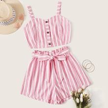 Romwe Striped Button Front Cami Top With Belted Shorts
