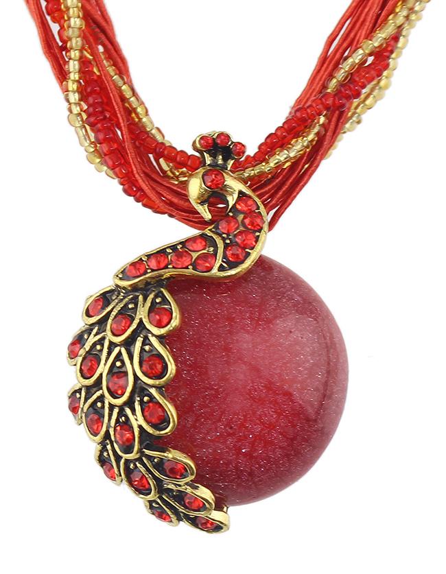 Romwe Red Beads Chain Round Stone Pendant Necklace