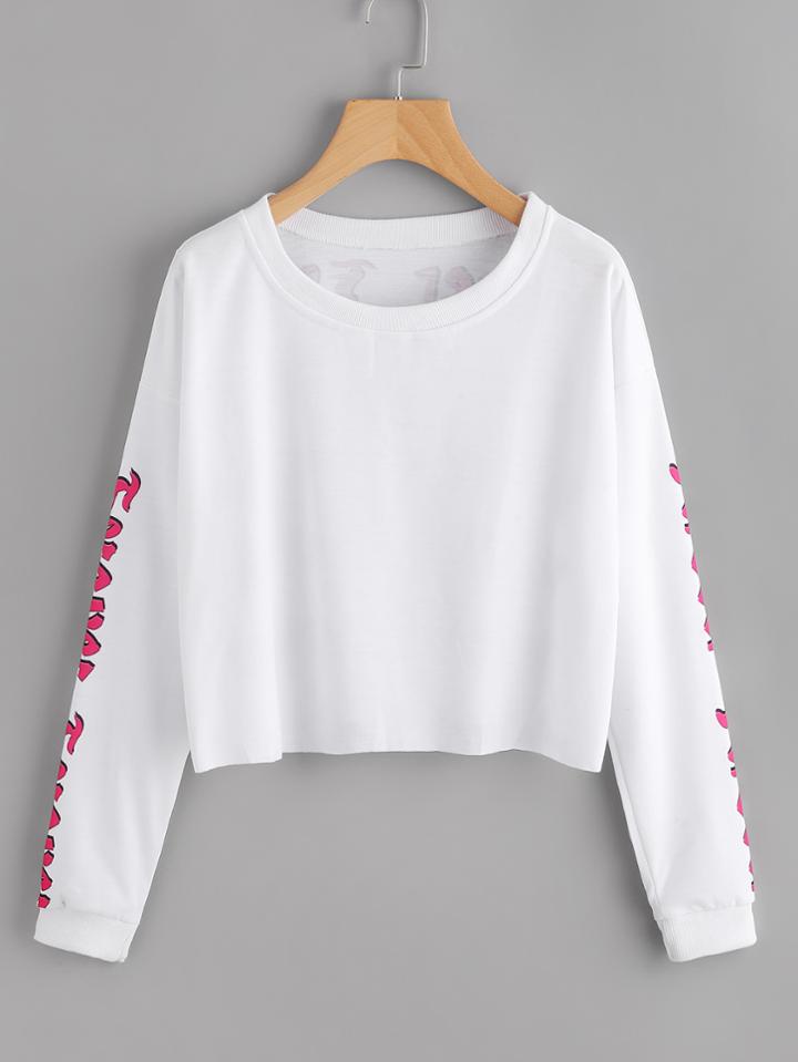 Romwe Letter Print Drop Shoulder Raw Hem Crop Sweatshirt