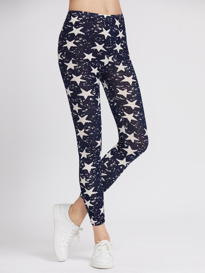 Romwe Navy Stars Print Ankle Leggings
