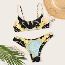 Romwe Random Baroque Print Scoop Neck Bikini Set