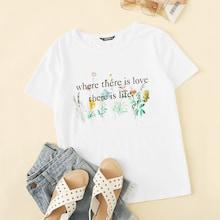Romwe Letter And Botanical Tee