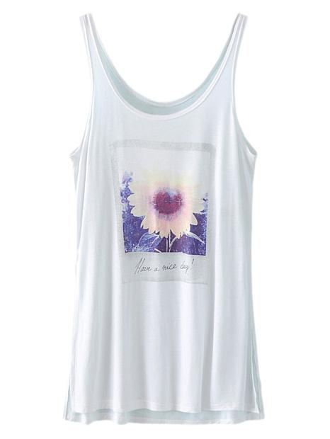 Romwe White Split Side Sunflower Print Tank Top