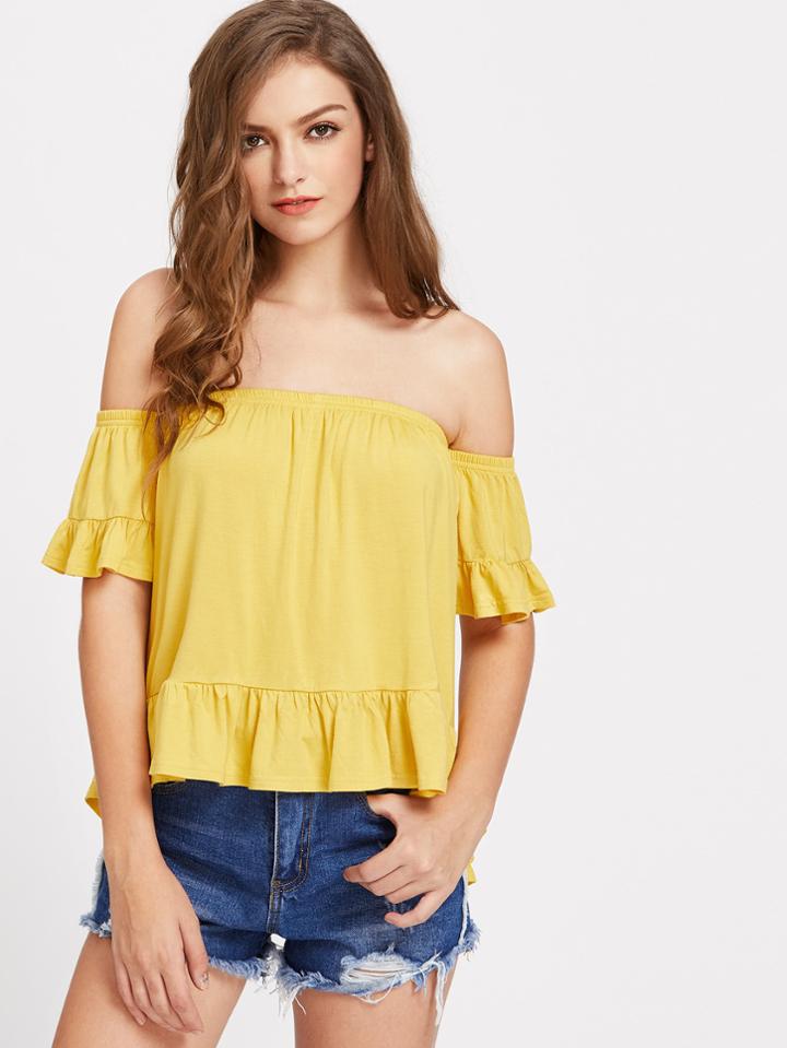 Romwe Ruffle Trim High Low Off Shoulder Tee