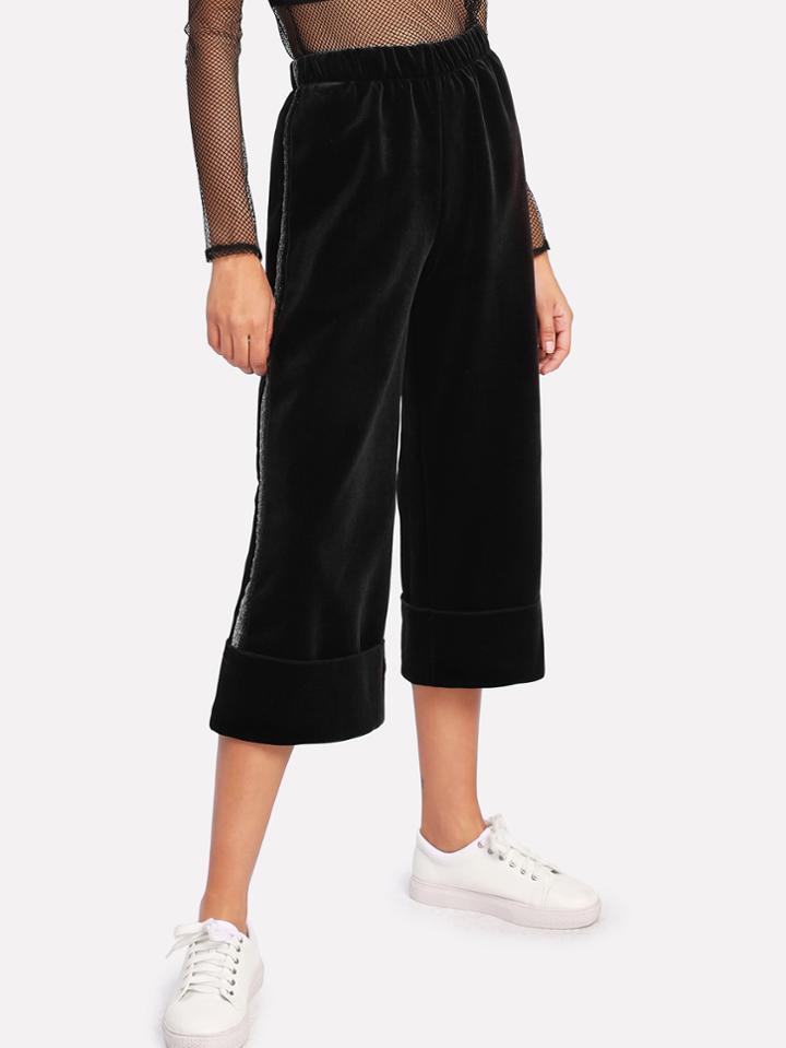 Romwe Velvet Rolled Hem Wide Leg Pants