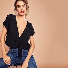 Romwe Knot Front Ruched Plunge Solid Top