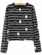 Romwe Long Sleeve Striped Bear Print T-shirt