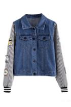 Romwe Cartoon Icons Embroidered Striped Denim Coat
