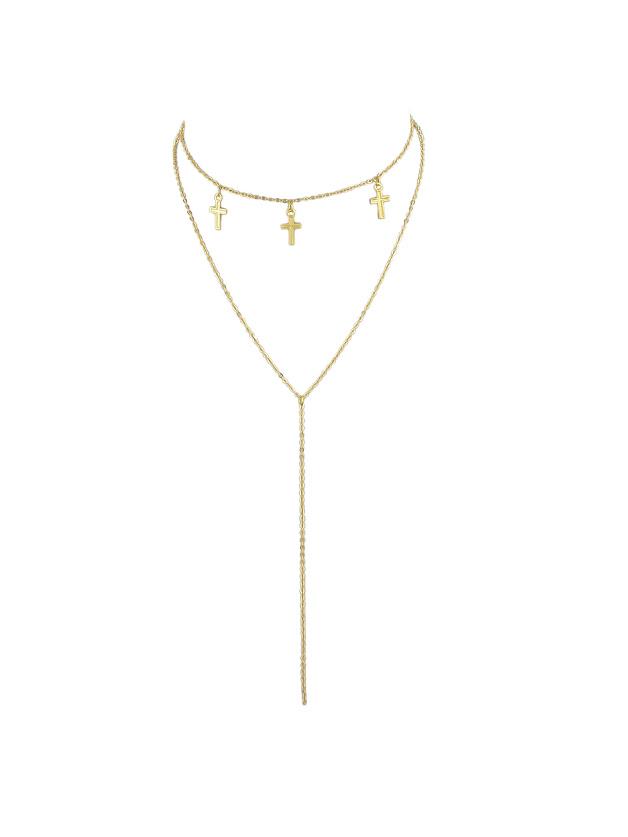 Romwe Gold Multi Layers Chain With Cross Charm Geometric Pattern Pendant Necklace