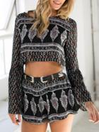 Romwe Bell Sleeve Open Back Crop Top With Elastic Waist Print Shorts