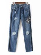 Romwe Flower Applique Ripped Jeans