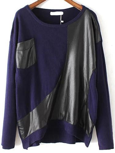 Romwe Contrast Pu Pocket Royal Blue Sweater