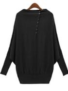 Romwe Buttons Dolman Black Sweater