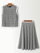 Romwe Lace Trim Checkered Top With Pleated Skirt