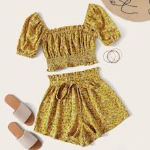 Romwe Ditsy Floral Shirred Crop Top & Paperbag Waist Shorts Set