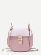 Romwe White And Pink Flap Pu Saddle Bag With Golden Chain