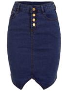 Romwe Buttoned Fly Denim Pencil Skirt - Blue
