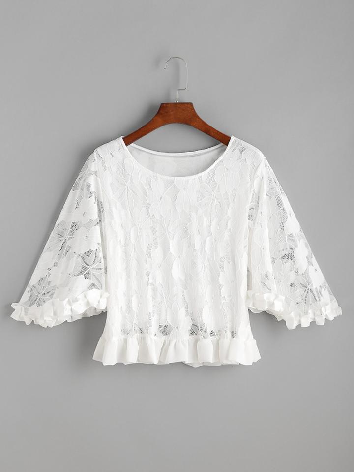 Romwe Butterfly Sleeve Frilled Hem Lace Top