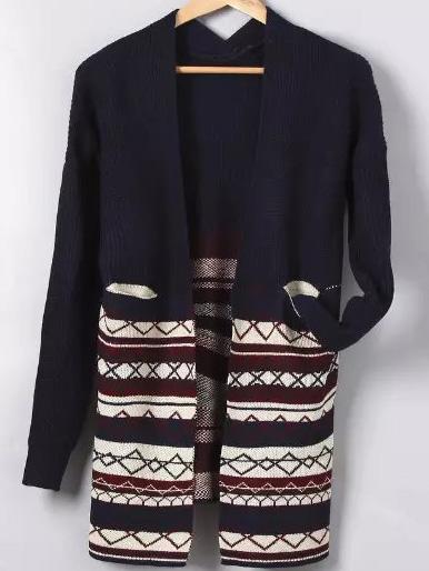 Romwe With Pockets Geometric Print Navy Cardigan