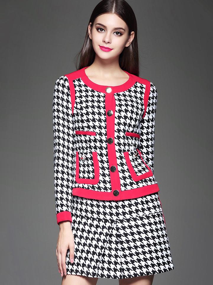 Romwe Black Round Neck Long Sleeve Houndstooth Two Pieces Dress