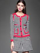 Romwe Black Round Neck Long Sleeve Houndstooth Two Pieces Dress