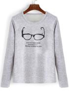 Romwe Glasses Print Thicken Grey T-shirt