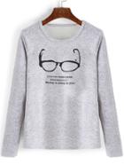 Romwe Glasses Print Thicken Grey T-shirt