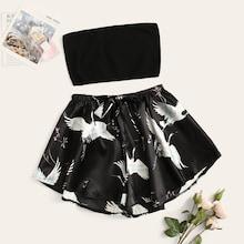 Romwe Rib-knit Bandeau & Crane Print Satin Shorts