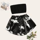 Romwe Rib-knit Bandeau & Crane Print Satin Shorts