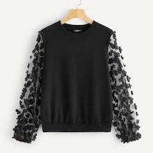 Romwe Flower Applique Mesh Sleeve Sweatshirt