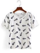 Romwe Rolled Sleeve Fish Bone Print T-shirt