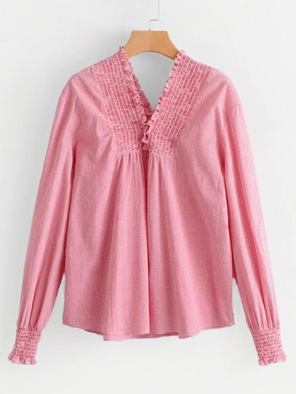 Romwe Shirred V Neck Gingham Blouse