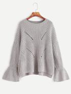 Romwe Grey Bell Sleeve Slit Side High Low Hollow Sweater