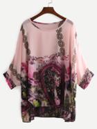 Romwe Pink Bat Sleeve Florals Chiffon Shirt