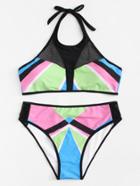 Romwe Colorblock Contrast Net Bikini Set