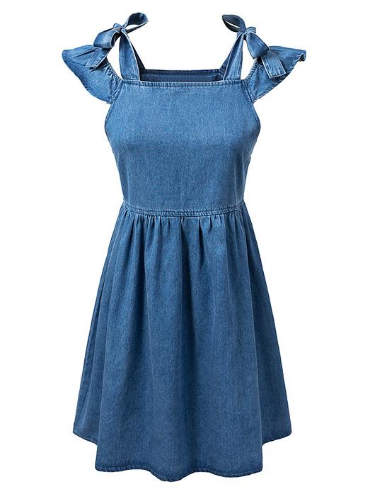 Romwe Blue Self-tie Bow Denim Straps Dress
