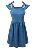Romwe Blue Self-tie Bow Denim Straps Dress